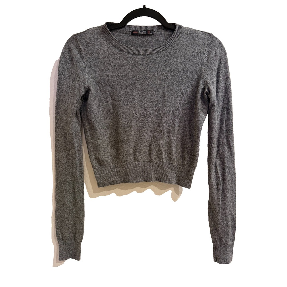 Bershka Knitwear Sweater Womens Small Gray Long Sleeve Cropped Crew Pullover